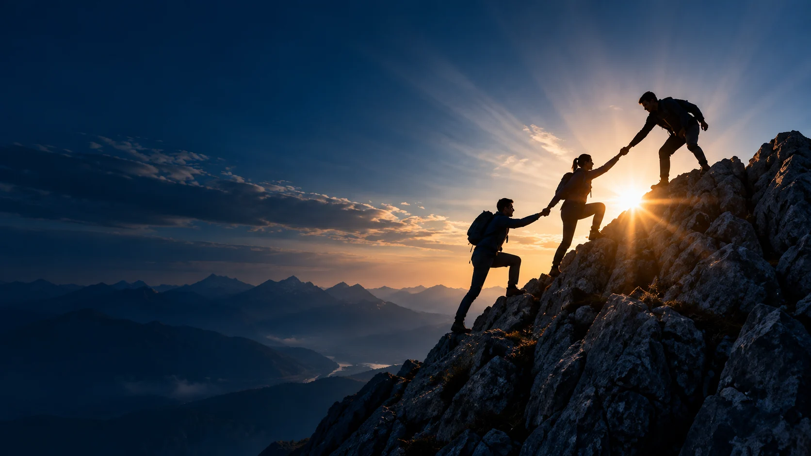 Climbers helping one another reach a mountain summit